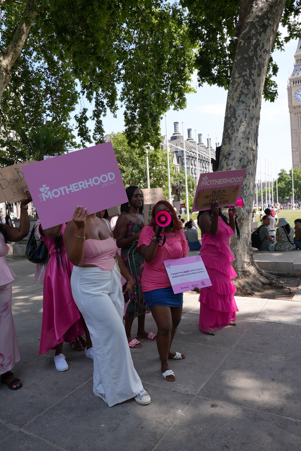Black mothers in pink holding The Motherhood Group placards with a pink megaphone outside Parliament